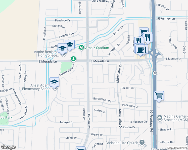 map of restaurants, bars, coffee shops, grocery stores, and more near 9491 Snow Creek Circle in Stockton