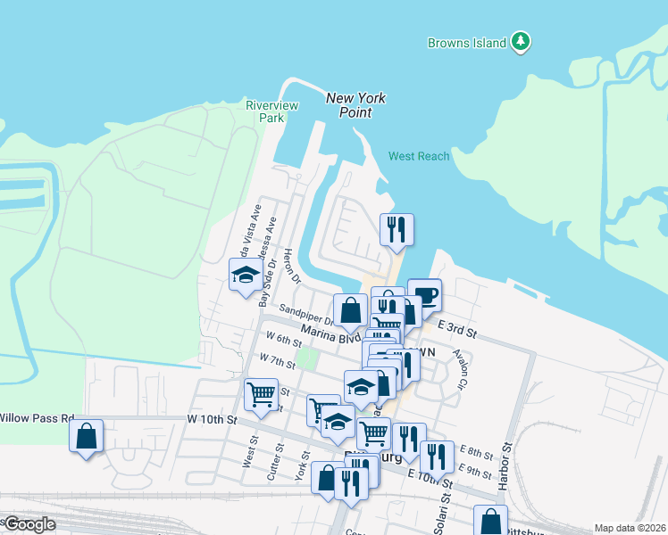 map of restaurants, bars, coffee shops, grocery stores, and more near 147 Pelican Loop in Pittsburg