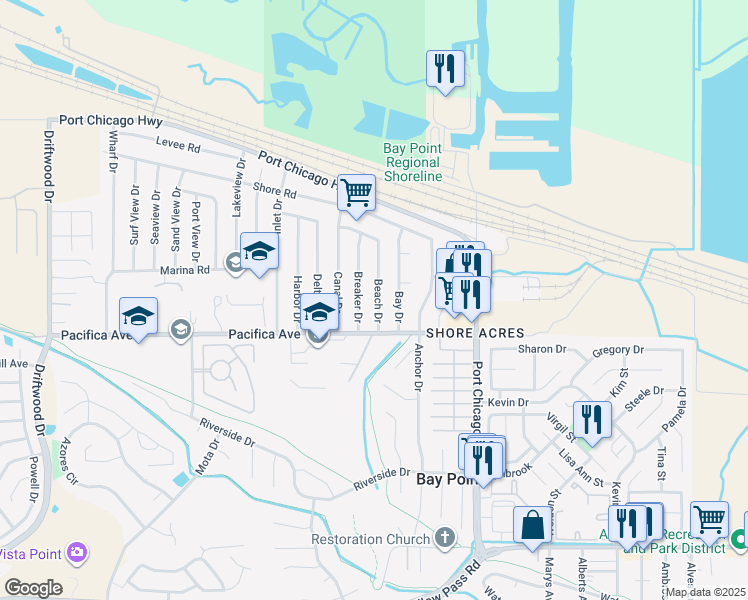 map of restaurants, bars, coffee shops, grocery stores, and more near 73 Beach Drive in Bay Point