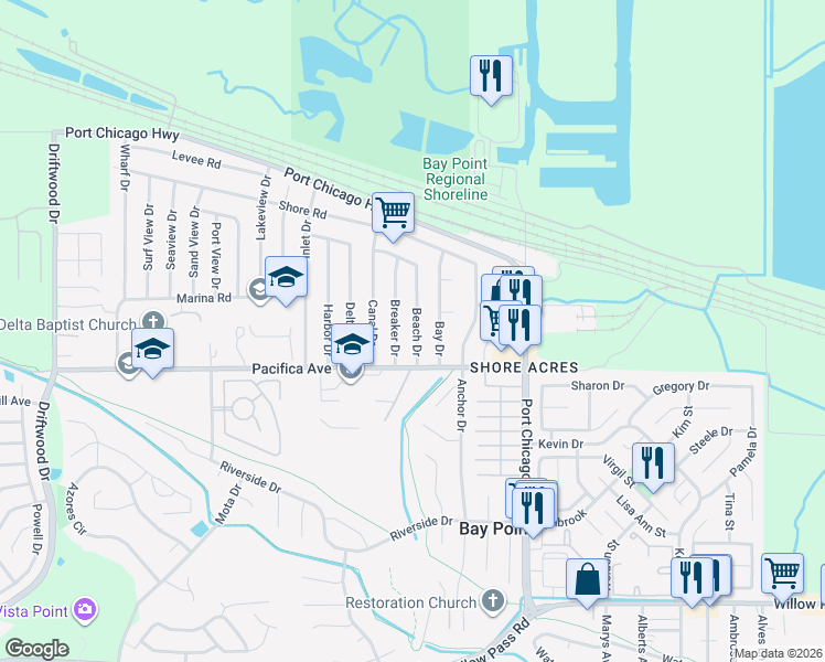 map of restaurants, bars, coffee shops, grocery stores, and more near 73 Beach Drive in Bay Point