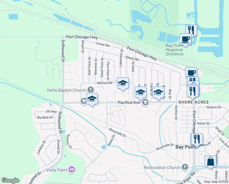 map of restaurants, bars, coffee shops, grocery stores, and more near Pacifica Avenue in Bay Point