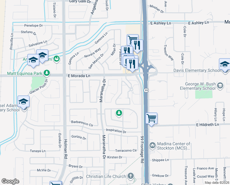 map of restaurants, bars, coffee shops, grocery stores, and more near 3945 Mount Ritter Court in Stockton