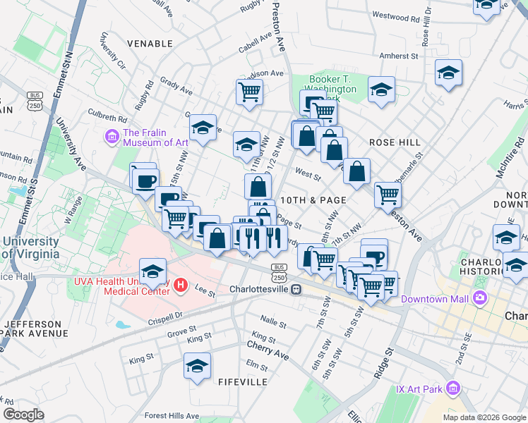 map of restaurants, bars, coffee shops, grocery stores, and more near in Charlottesville