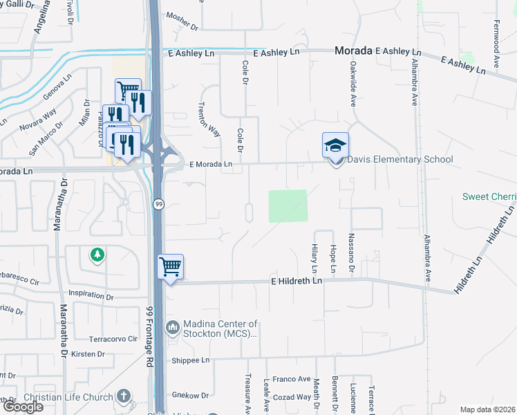 map of restaurants, bars, coffee shops, grocery stores, and more near 4816 East Morada Lane in Stockton
