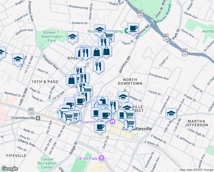 map of restaurants, bars, coffee shops, grocery stores, and more near 500 McIntire Road in Charlottesville
