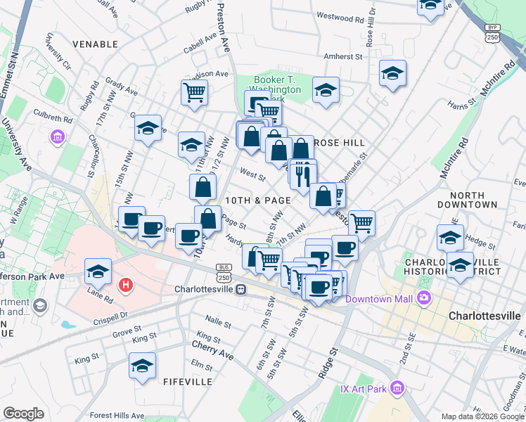 map of restaurants, bars, coffee shops, grocery stores, and more near in Charlottesville