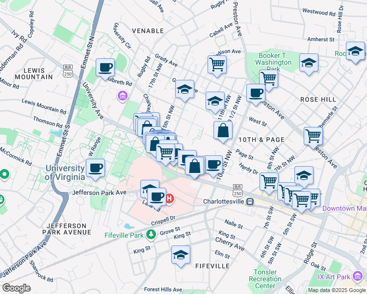 map of restaurants, bars, coffee shops, grocery stores, and more near 222-230 14th Street Northwest in Charlottesville