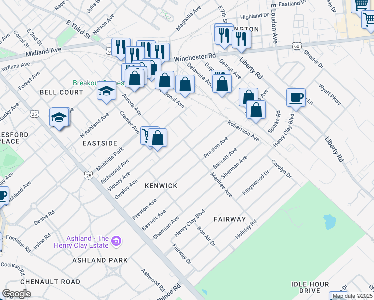 map of restaurants, bars, coffee shops, grocery stores, and more near 1205 Menifee Avenue in Lexington