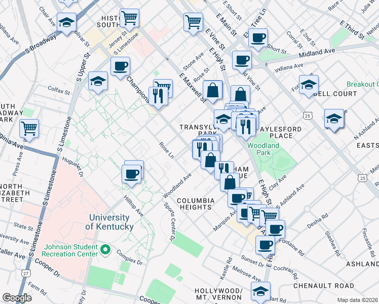 map of restaurants, bars, coffee shops, grocery stores, and more near 368 Transylvania Park in Lexington