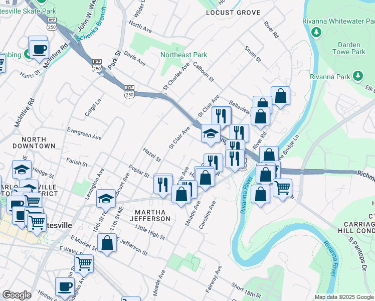 map of restaurants, bars, coffee shops, grocery stores, and more near 812 St James Cir in Charlottesville