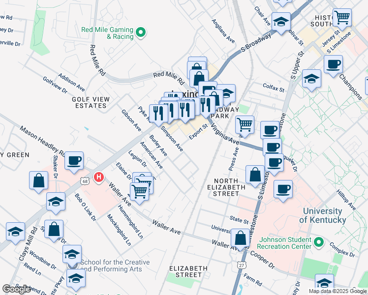 map of restaurants, bars, coffee shops, grocery stores, and more near in Lexington