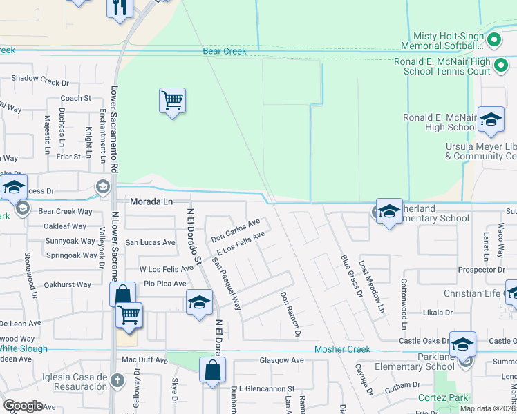 map of restaurants, bars, coffee shops, grocery stores, and more near 220 Morada Lane in Stockton