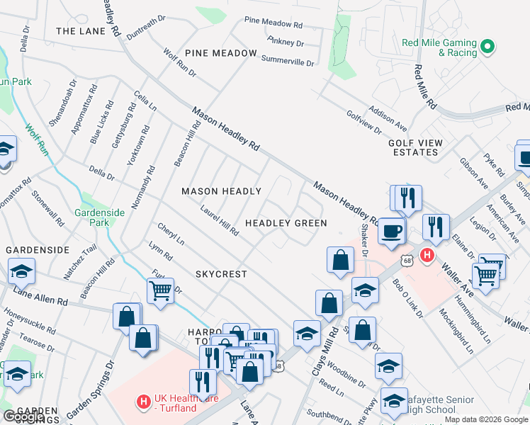 map of restaurants, bars, coffee shops, grocery stores, and more near 1740 Cold Harbor Drive in Lexington
