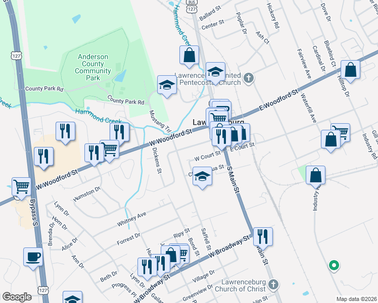 map of restaurants, bars, coffee shops, grocery stores, and more near 128 Township Square in Lawrenceburg
