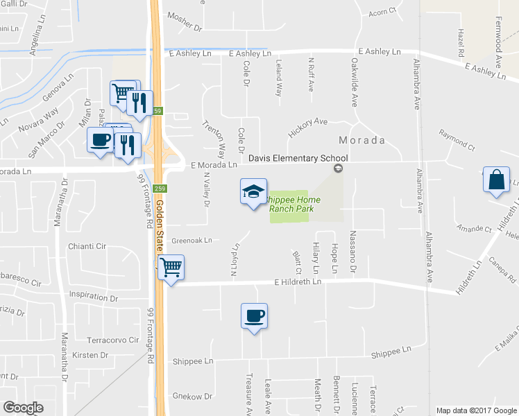 map of restaurants, bars, coffee shops, grocery stores, and more near 4816 East Morada Lane in Stockton