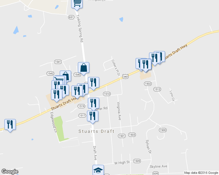 map of restaurants, bars, coffee shops, grocery stores, and more near 2735 Stuarts Draft Highway in Stuarts Draft
