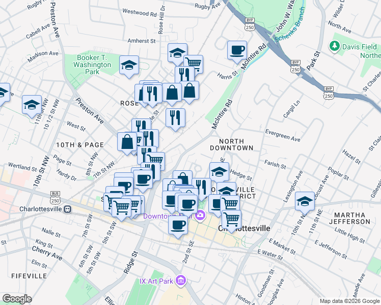map of restaurants, bars, coffee shops, grocery stores, and more near 500 McIntire Road in Charlottesville