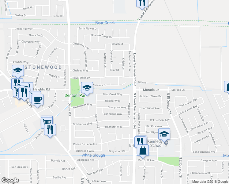 map of restaurants, bars, coffee shops, grocery stores, and more near 1011 Bear Creek Way in Stockton