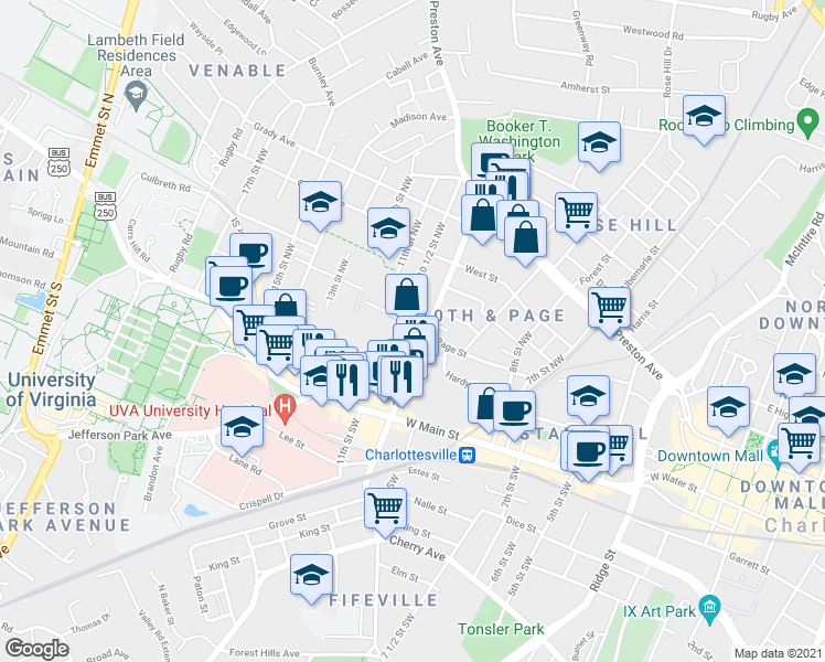 map of restaurants, bars, coffee shops, grocery stores, and more near 1002 Page Street in Charlottesville