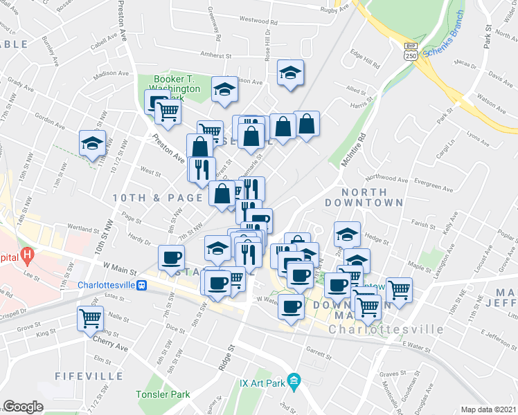 map of restaurants, bars, coffee shops, grocery stores, and more near 508 Dale Ave in Charlottesville