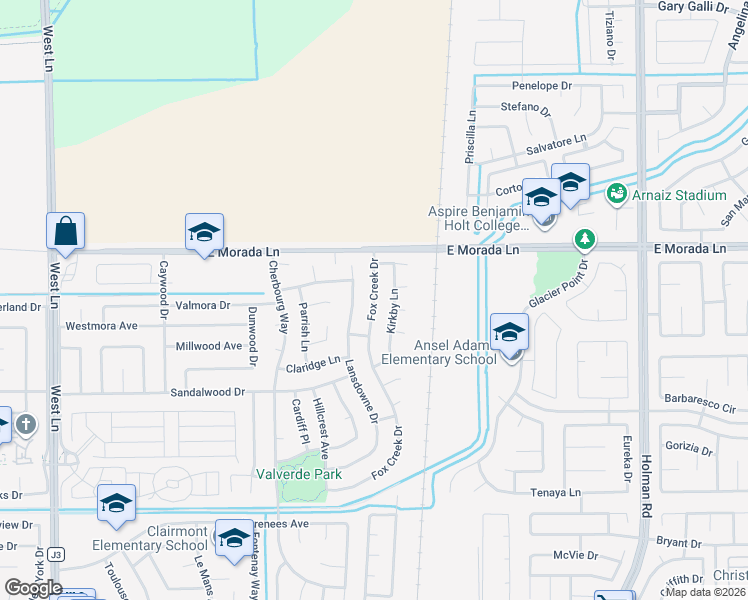 map of restaurants, bars, coffee shops, grocery stores, and more near 9352 Fox Creek Drive in Stockton