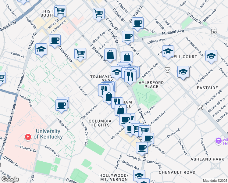 map of restaurants, bars, coffee shops, grocery stores, and more near 336 Transylvania Park in Lexington