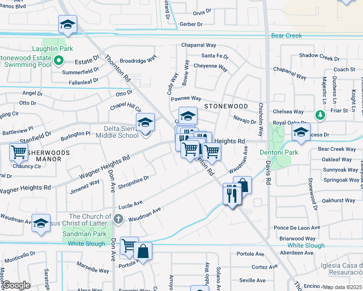 map of restaurants, bars, coffee shops, grocery stores, and more near 2124 Wagner Heights Road in Stockton