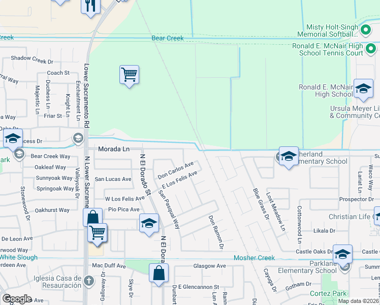 map of restaurants, bars, coffee shops, grocery stores, and more near 220 Morada Lane in Stockton