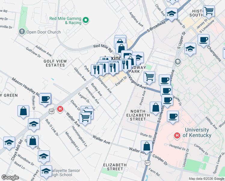 map of restaurants, bars, coffee shops, grocery stores, and more near in Lexington