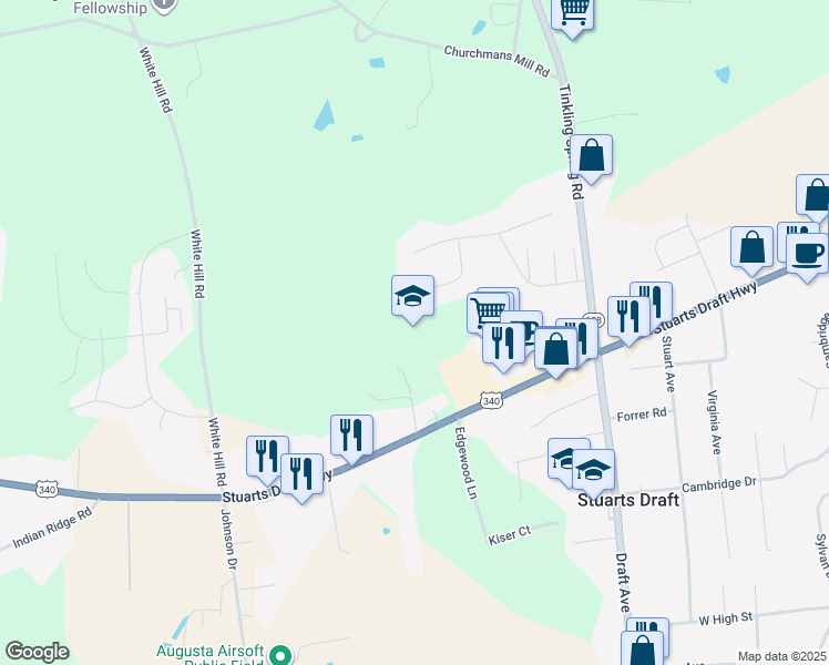 map of restaurants, bars, coffee shops, grocery stores, and more near in Stuarts Draft