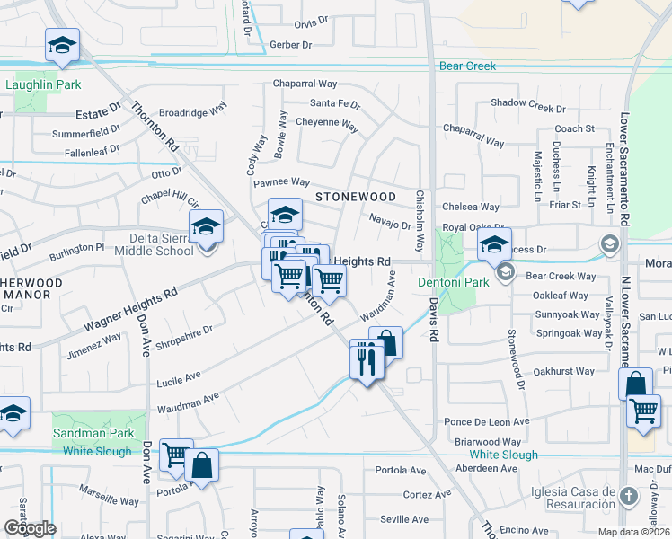 map of restaurants, bars, coffee shops, grocery stores, and more near 1856 Wagner Heights Road in Stockton