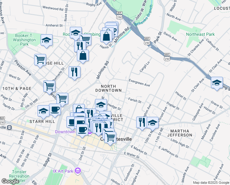 map of restaurants, bars, coffee shops, grocery stores, and more near 228 Wine Street in Charlottesville