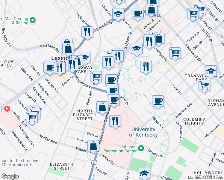 map of restaurants, bars, coffee shops, grocery stores, and more near 685 South Limestone in Lexington