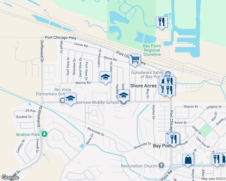 map of restaurants, bars, coffee shops, grocery stores, and more near 68 Inlet Drive in Bay Point