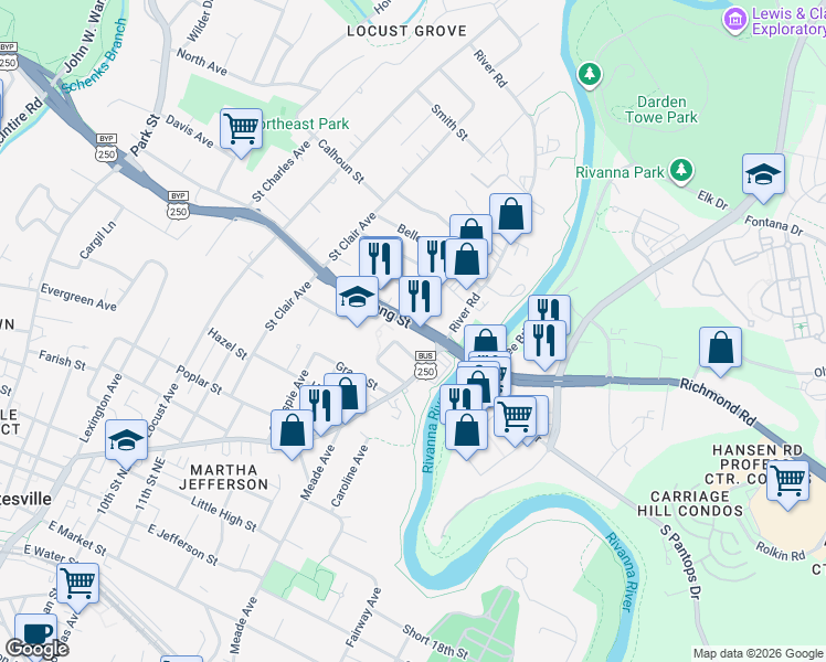 map of restaurants, bars, coffee shops, grocery stores, and more near 1301-1399 U.S. 250 in Charlottesville