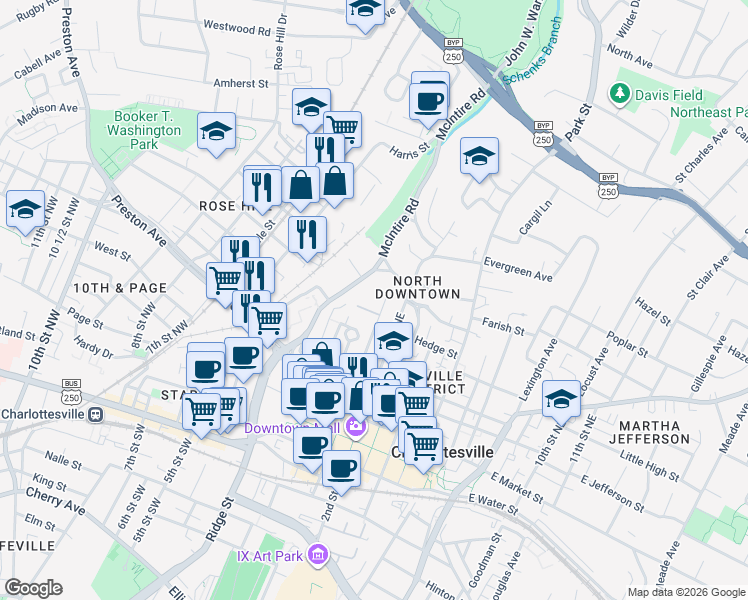 map of restaurants, bars, coffee shops, grocery stores, and more near 521 1st Street North in Charlottesville