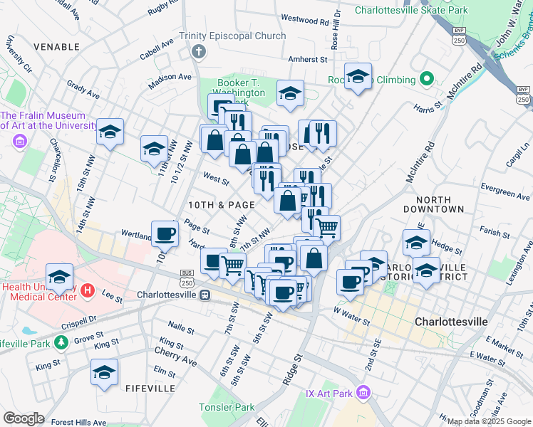 map of restaurants, bars, coffee shops, grocery stores, and more near 215 Albemarle Street in Charlottesville