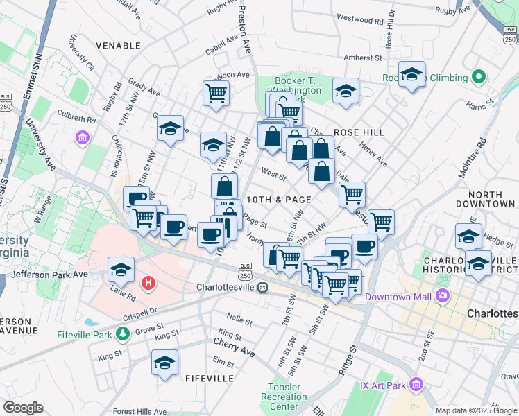 map of restaurants, bars, coffee shops, grocery stores, and more near 911 Paoli Street in Charlottesville