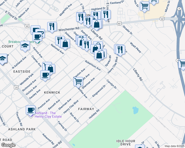 map of restaurants, bars, coffee shops, grocery stores, and more near 372 Bassett Avenue in Lexington
