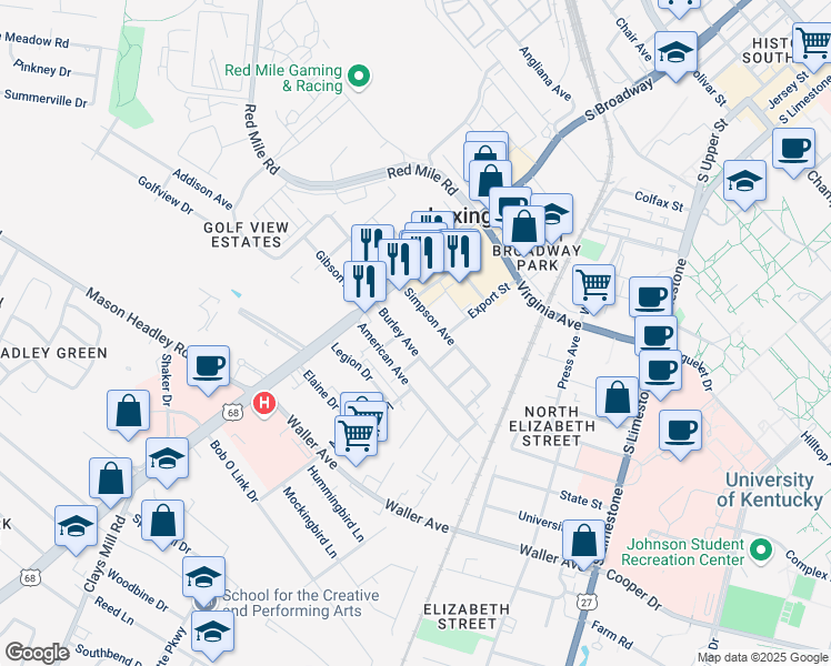 map of restaurants, bars, coffee shops, grocery stores, and more near 321 Burley Avenue in Lexington