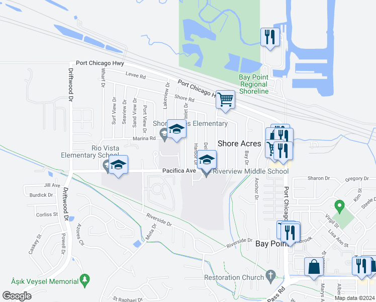 map of restaurants, bars, coffee shops, grocery stores, and more near 68 Inlet Drive in Bay Point
