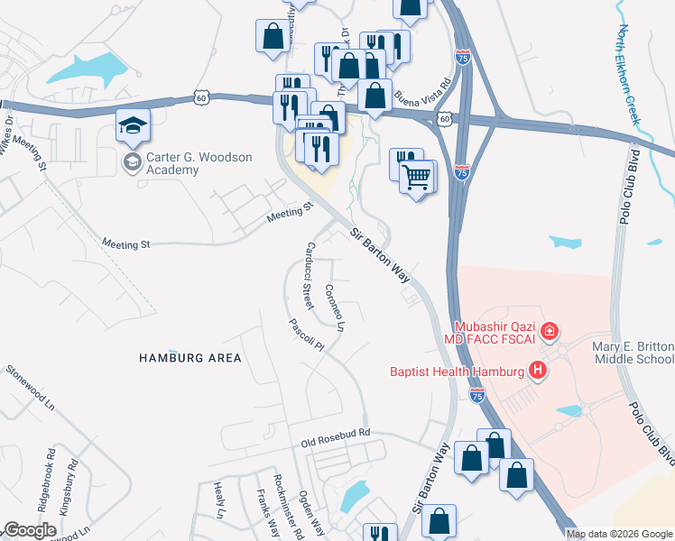map of restaurants, bars, coffee shops, grocery stores, and more near 2480 Coroneo Lane in Lexington