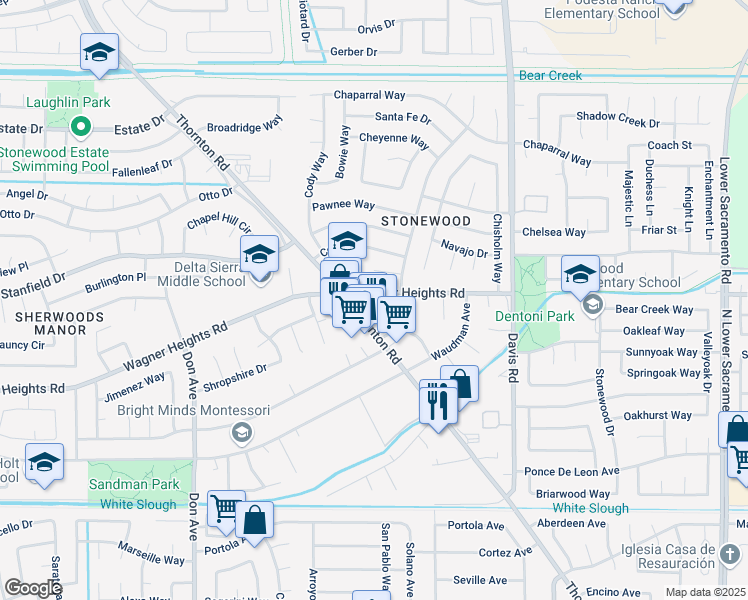 map of restaurants, bars, coffee shops, grocery stores, and more near 1952 Wagner Heights Road in Stockton