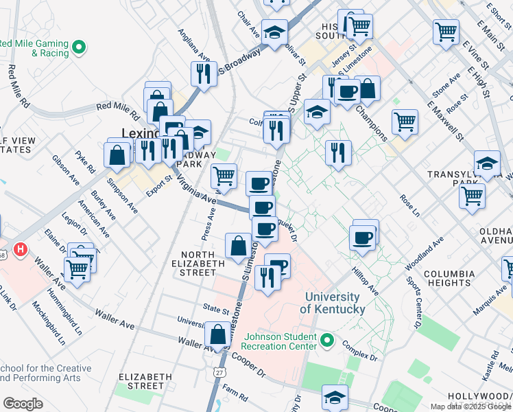 map of restaurants, bars, coffee shops, grocery stores, and more near 665 South Limestone in Lexington