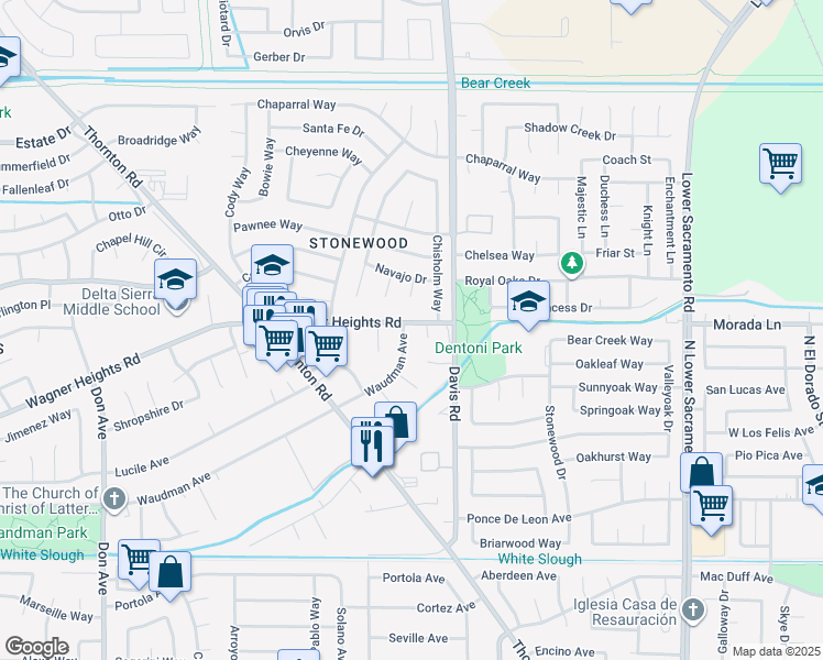 map of restaurants, bars, coffee shops, grocery stores, and more near 1620 Waudman Avenue in Stockton