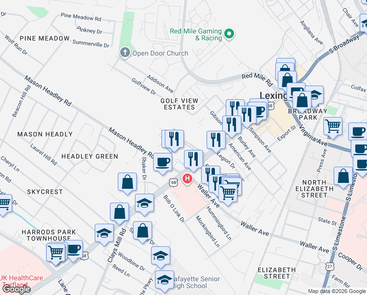 map of restaurants, bars, coffee shops, grocery stores, and more near 452 Parkway Drive in Lexington