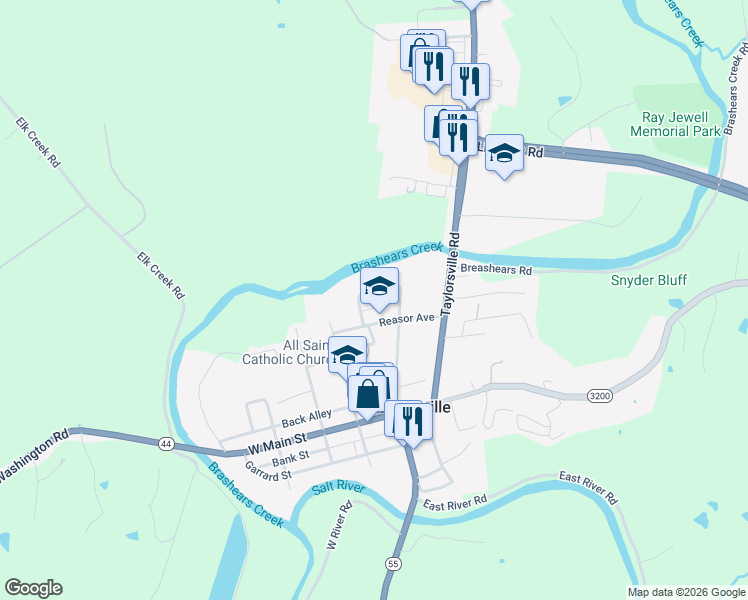 map of restaurants, bars, coffee shops, grocery stores, and more near 113 Maple Avenue in Taylorsville