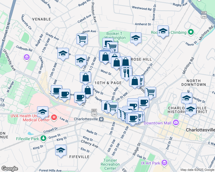map of restaurants, bars, coffee shops, grocery stores, and more near 820 Anderson Street in Charlottesville