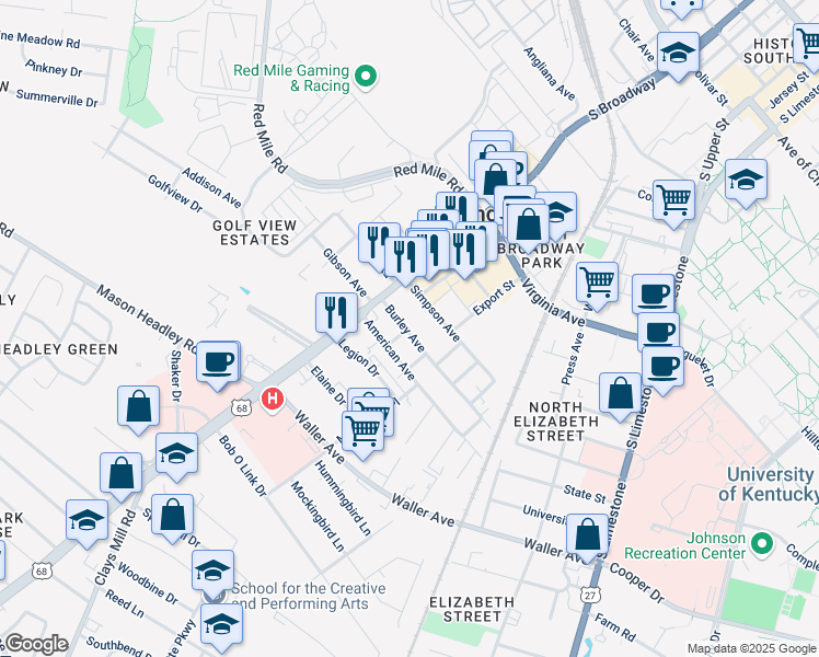 map of restaurants, bars, coffee shops, grocery stores, and more near 343 Burley Avenue in Lexington