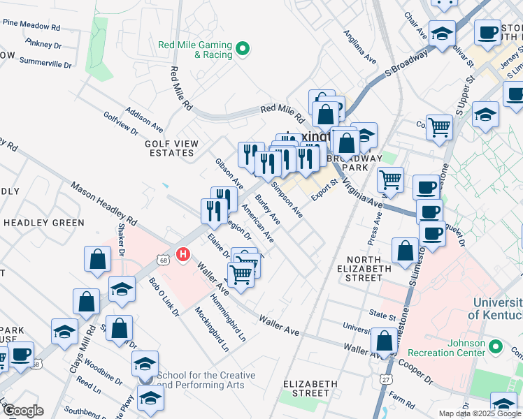 map of restaurants, bars, coffee shops, grocery stores, and more near 340 Burley Avenue in Lexington